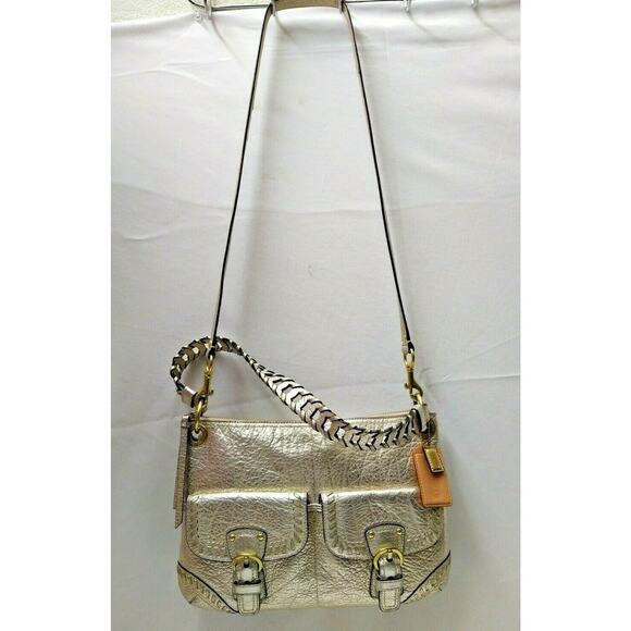 Coach Poppy Whipstitch Metallic Gold Leather Braided Strap Crossbody Bag Purse - Picture 6 of 12